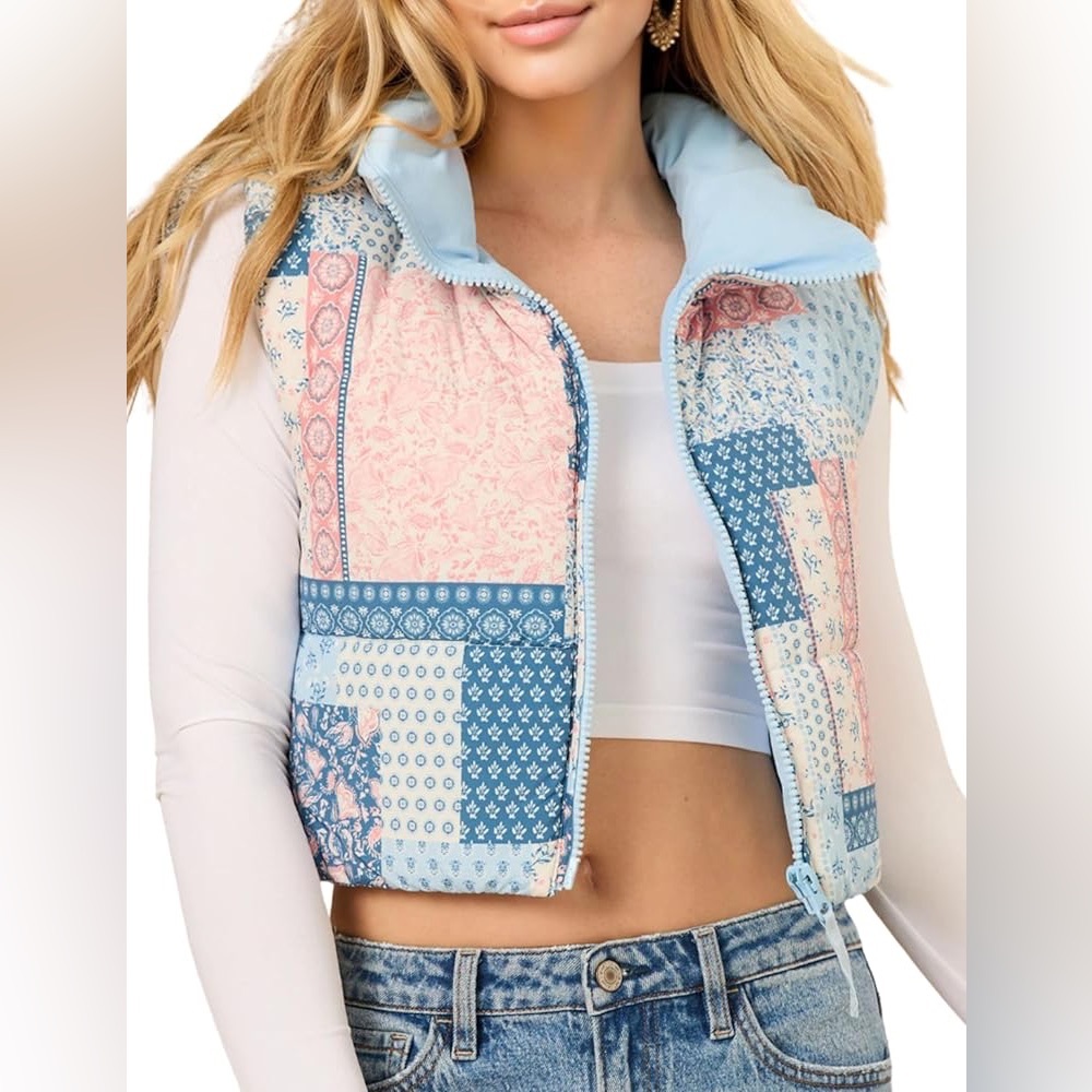 Printed quilt puffer vest cropped small